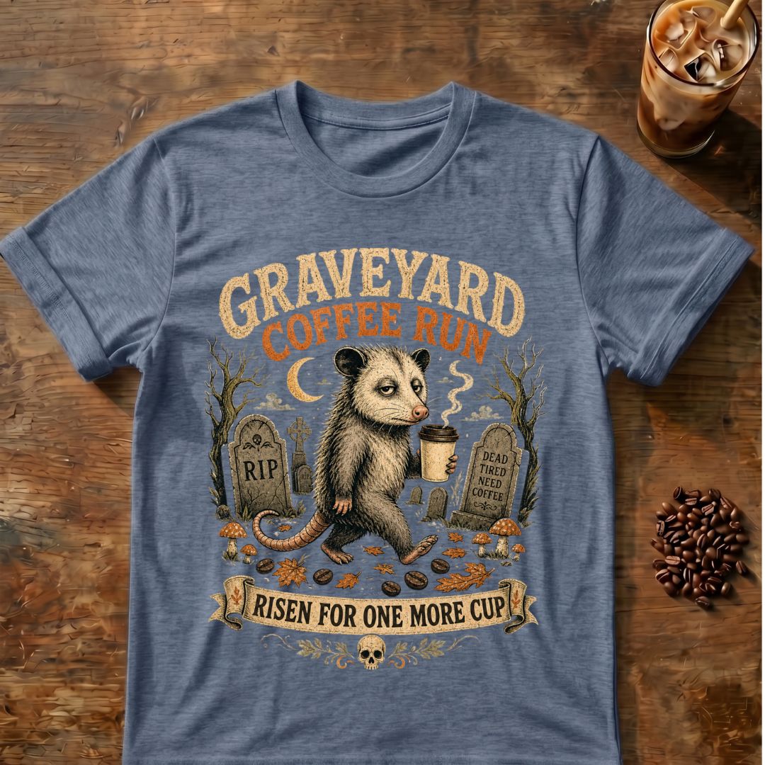 Opossum coffee graphic for Graveyard Coffee Run Opossum on heather-indigo T-shirt