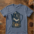 Vintage coffee pot filled with a moonlit forest scene featuring an owl, sleeping fox, mountains, stars and mushrooms