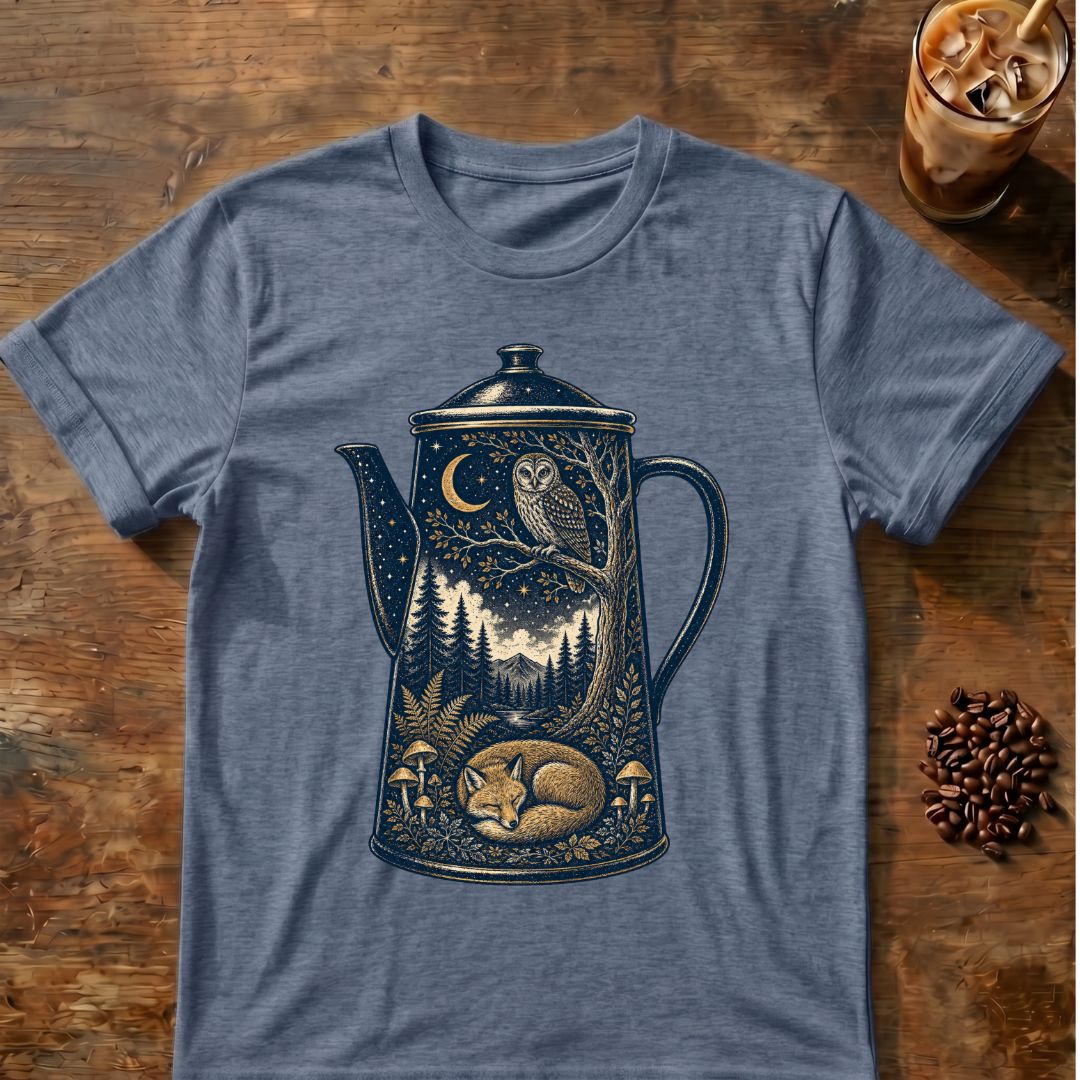 Vintage coffee pot filled with a moonlit forest scene featuring an owl, sleeping fox, mountains, stars and mushrooms
