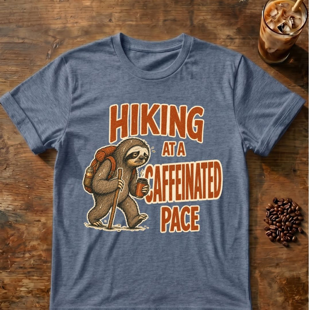 Sloth coffee graphic for Pace Sloth on heather-indigo T-shirt
