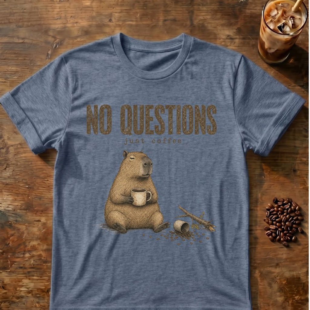 Capybara coffee graphic for No Questions Capybara on heather-indigo T-shirt