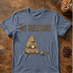 Capybara coffee graphic for No Questions Capybara on heather-indigo T-shirt