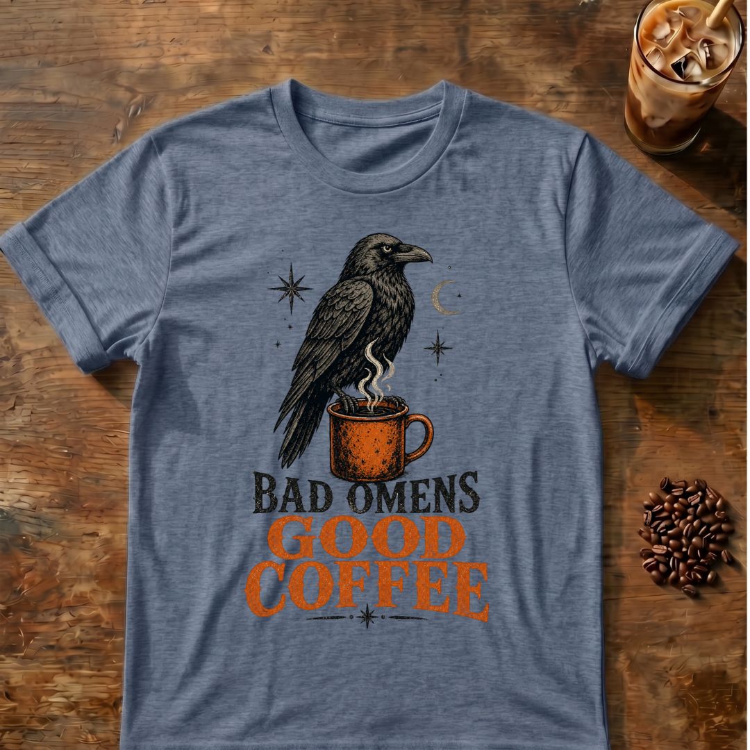 Raven coffee graphic for Bad Omens Good Coffee Raven on heather-indigo T-shirt