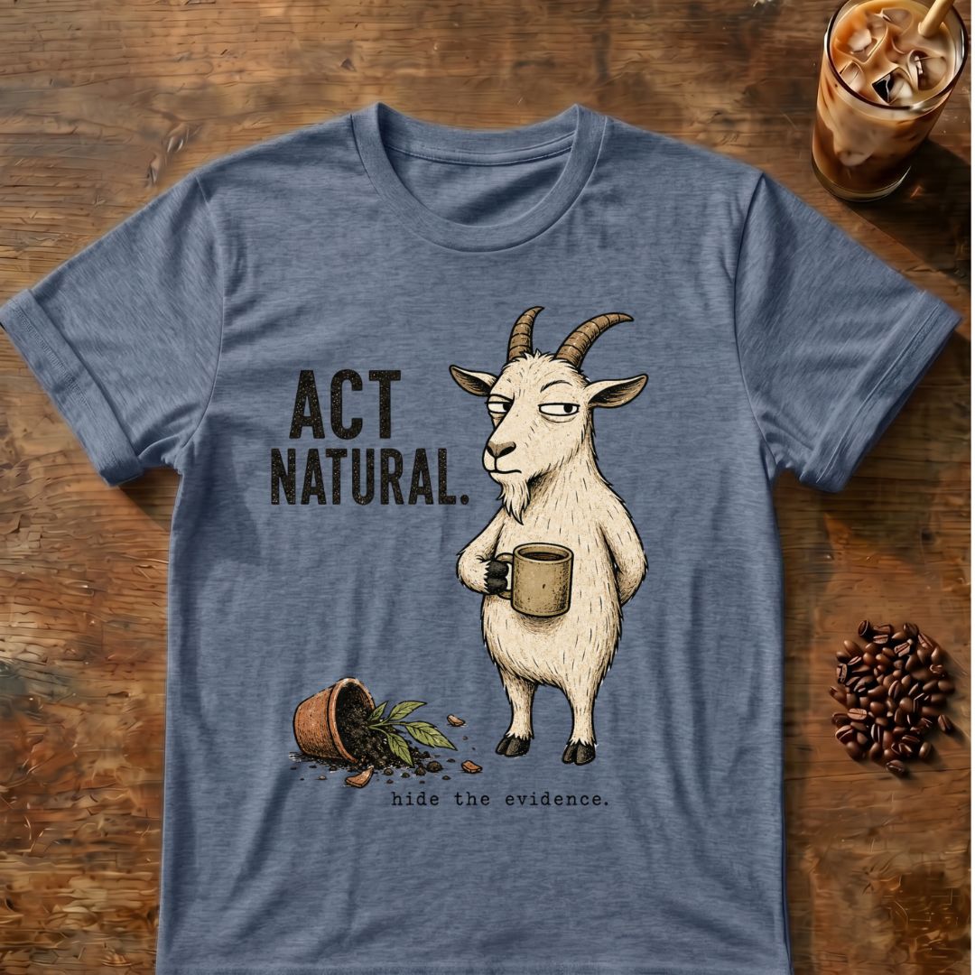 Goat “Act Natural” graphic on a Heather Indigo T-shirt