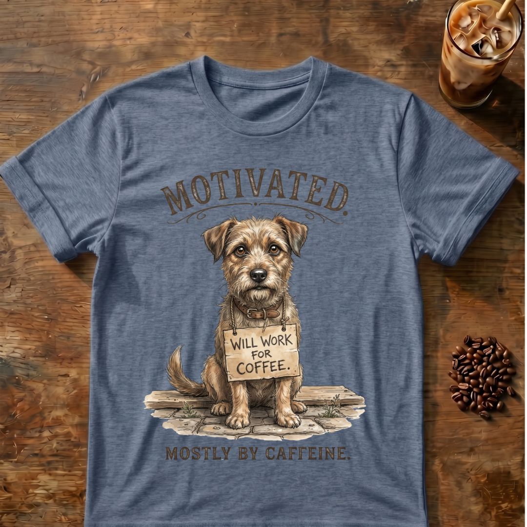 Dog “Will Work for Coffee” graphic on a Heather Indigo T-shirt