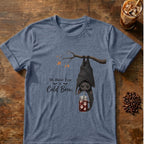 Bat coffee graphic for My Blood Type Is Cold Brew Bat on heather-indigo T-shirt