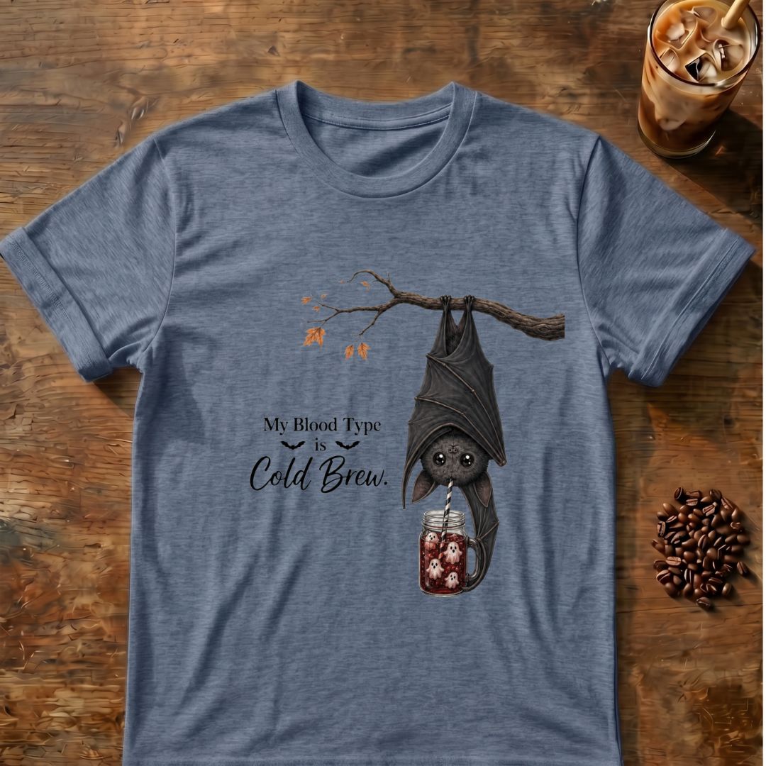 Bat coffee graphic for My Blood Type Is Cold Brew Bat on heather-indigo T-shirt
