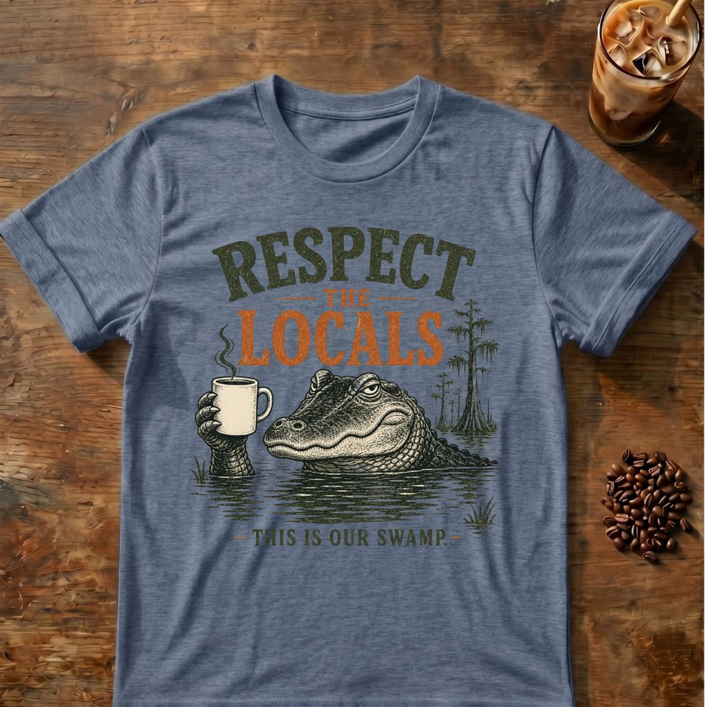 Coffee graphic for Respect the Locals Alligator on heather-indigo T-shirt