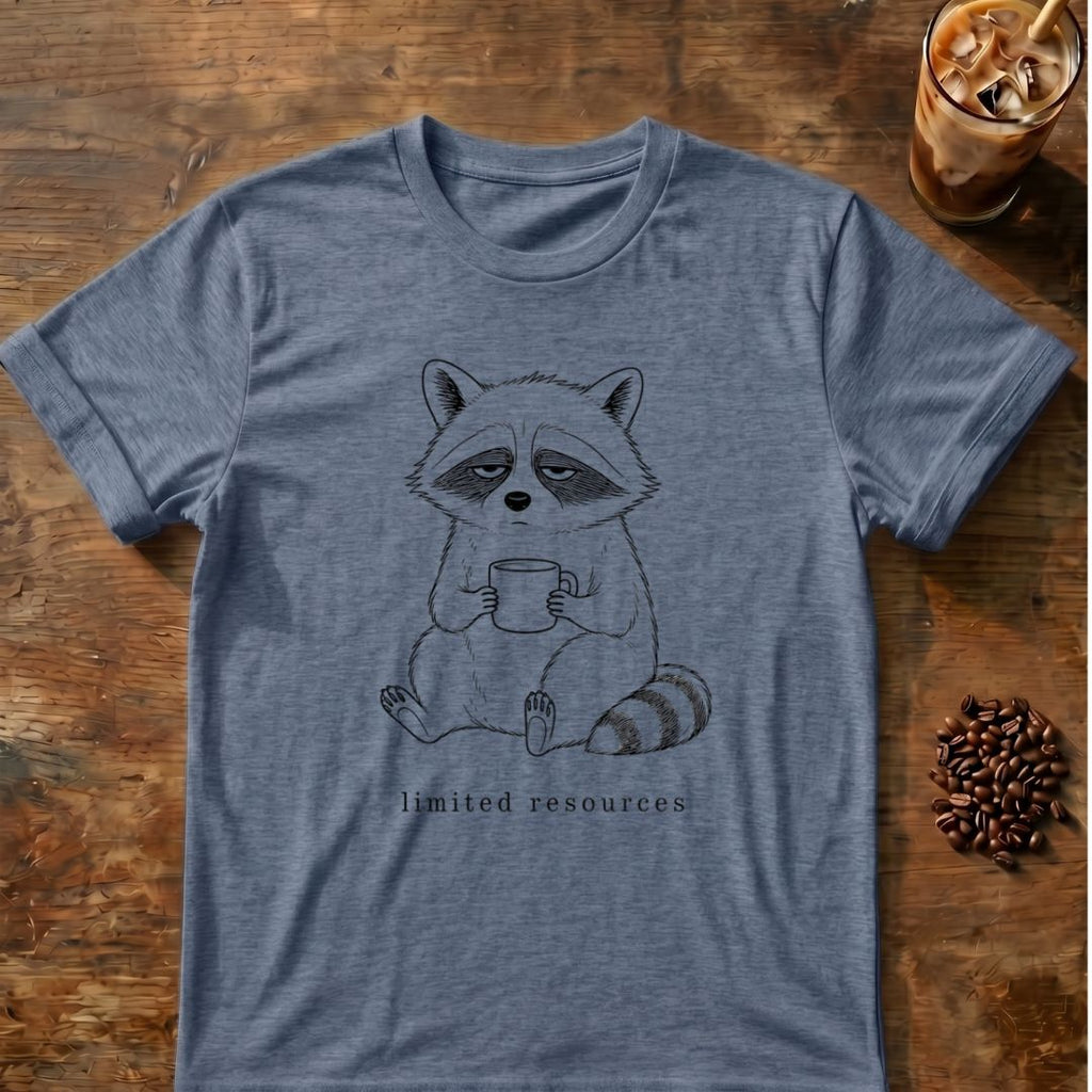Raccoon coffee graphic for Minimal Raccoon Coffee on heather-indigo T-shirt