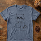 Raccoon coffee graphic for Minimal Raccoon Coffee on heather-indigo T-shirt