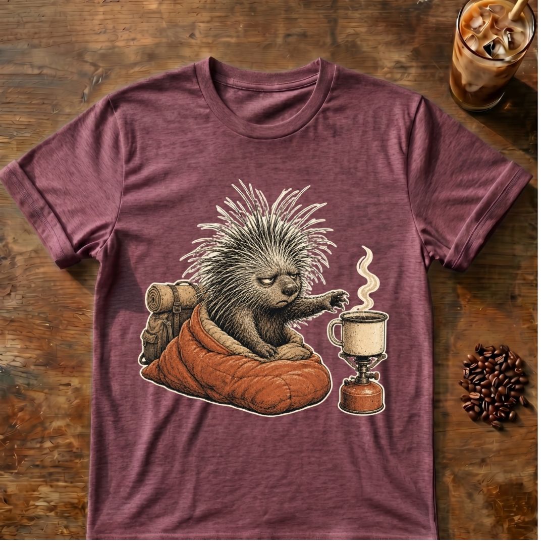 Porcupine coffee graphic for Barely Awake on heather-maroon T-shirt