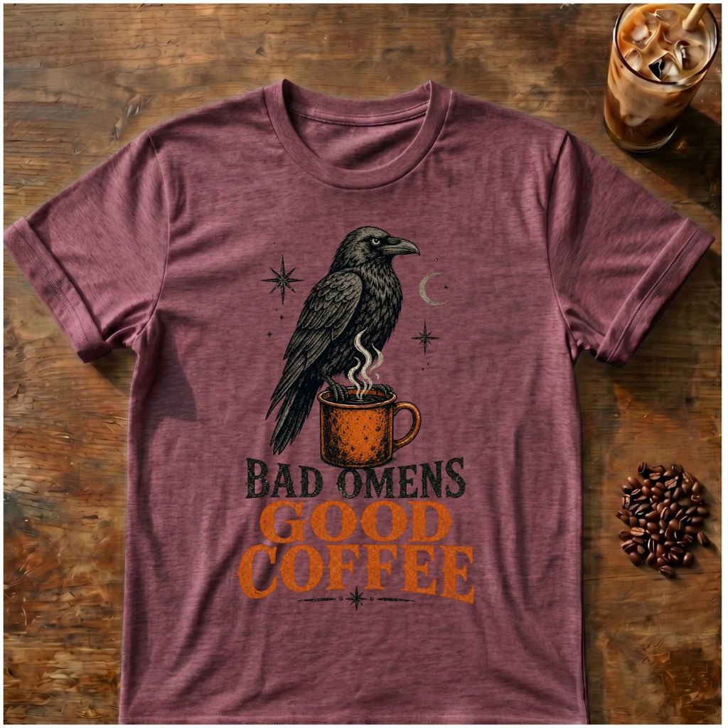 Raven coffee graphic for Bad Omens Good Coffee Raven on heather-maroon T-shirt