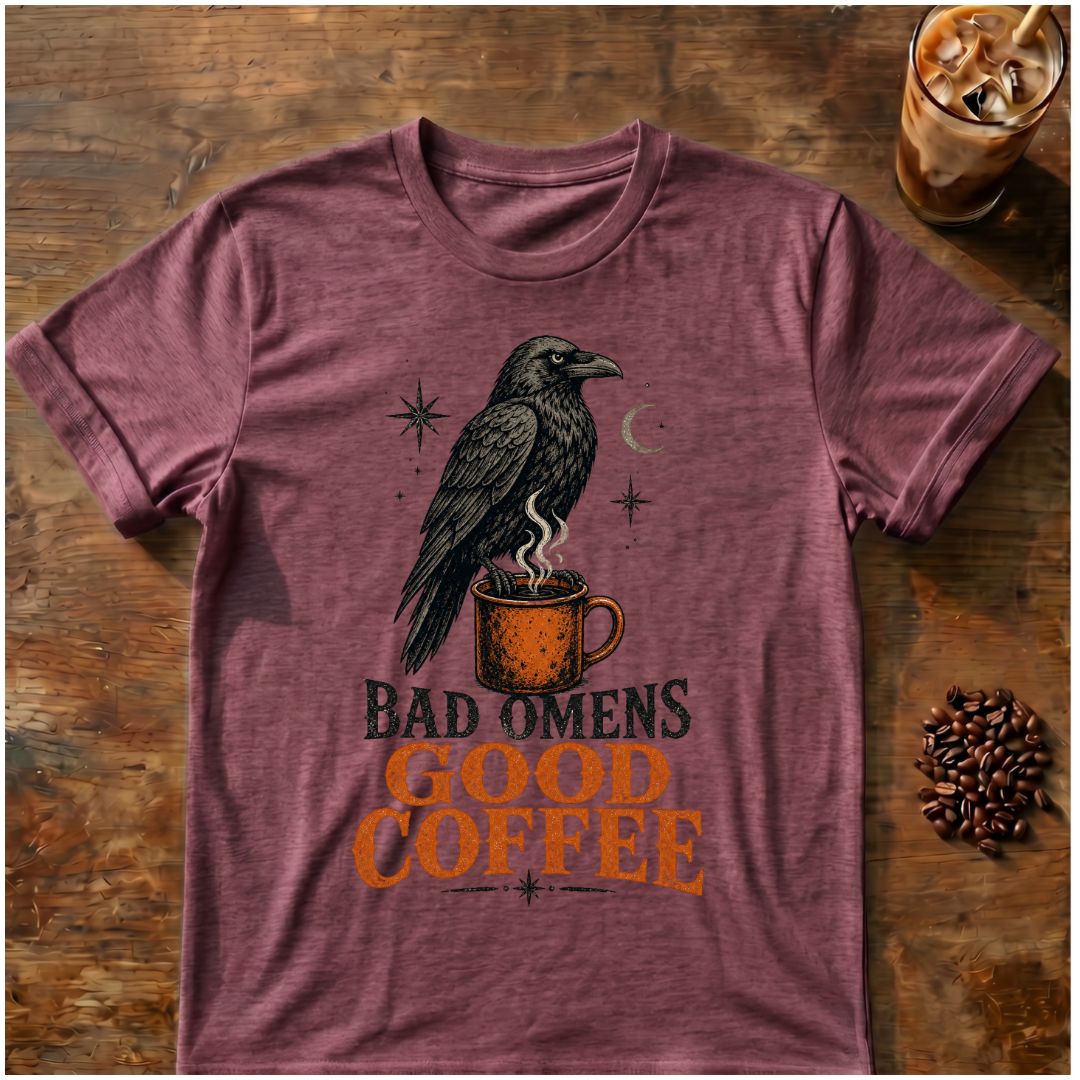 Raven coffee graphic for Bad Omens Good Coffee Raven on heather-maroon T-shirt