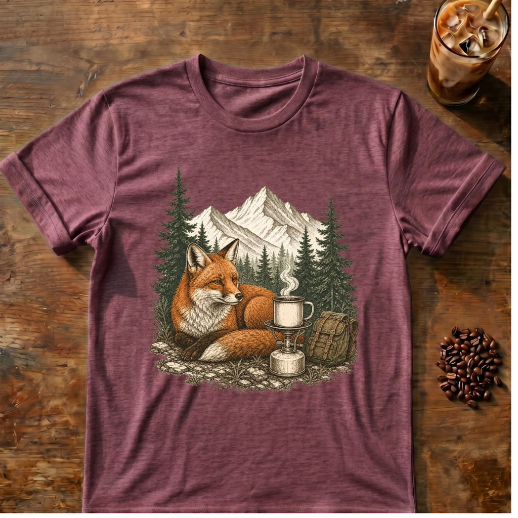 Fox coffee graphic for Mountain Fox Camp Coffee on heather-maroon T-shirt