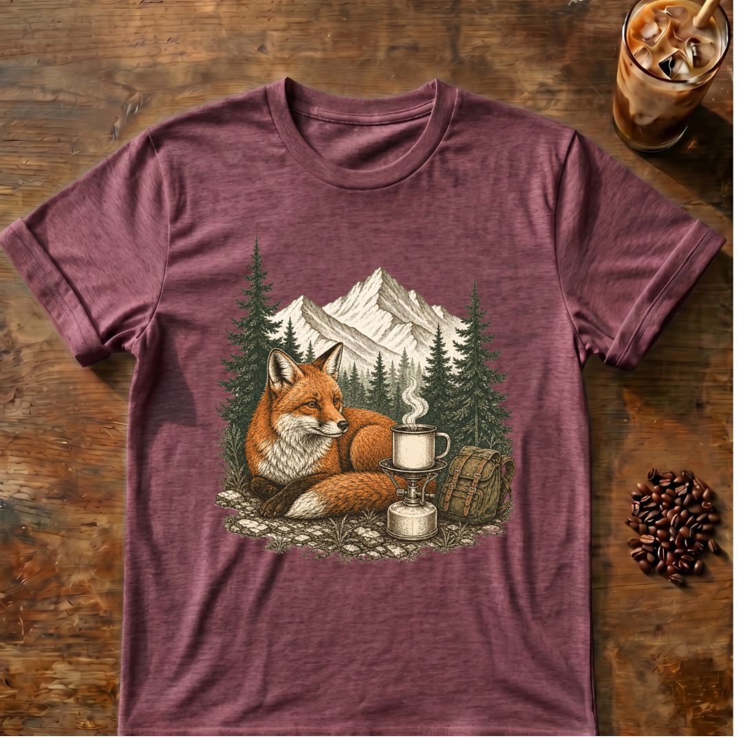 Fox coffee graphic for Mountain Fox Camp Coffee on heather-maroon T-shirt