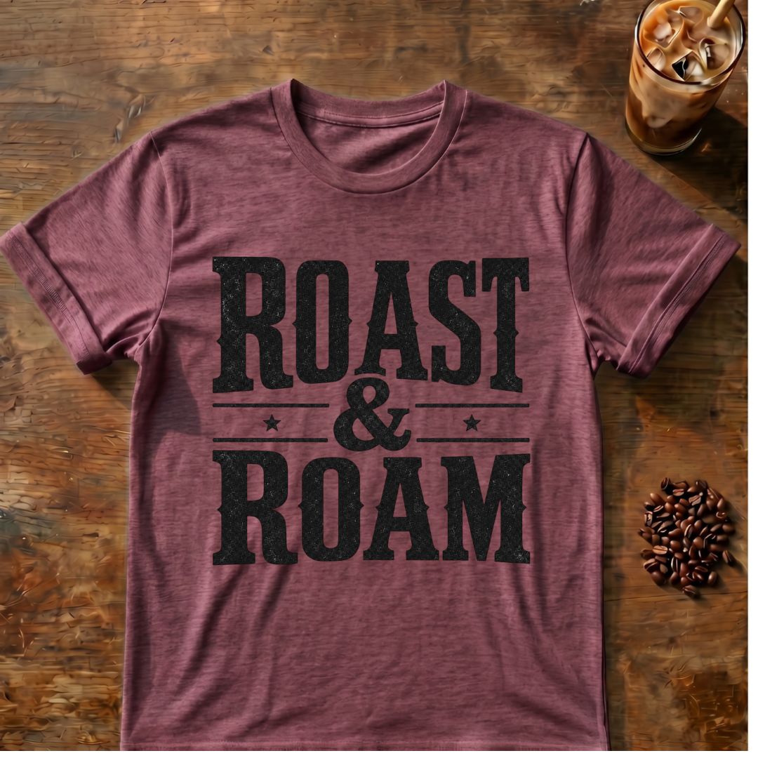 Cat coffee graphic for Roast and Roam on heather-maroon T-shirt