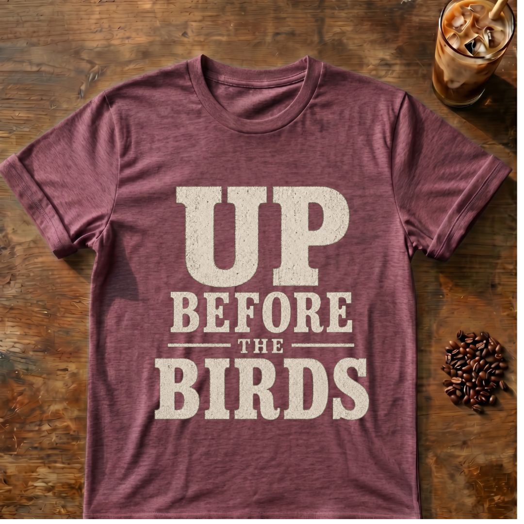Coffee graphic for Up Before the Birds on heather-maroon T-shirt