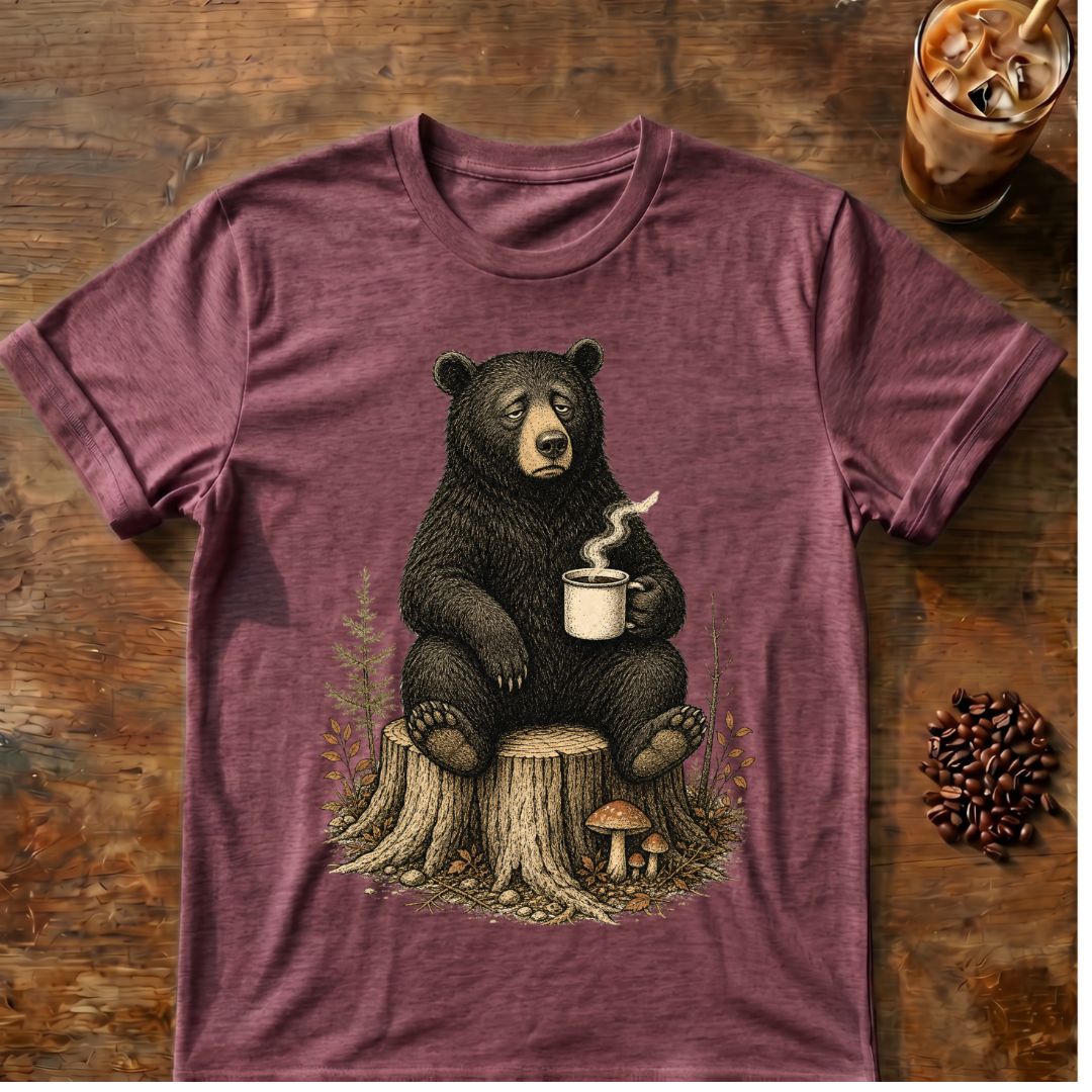 Bear coffee graphic for Sleepy Bear Coffee on heather-maroon T-shirt