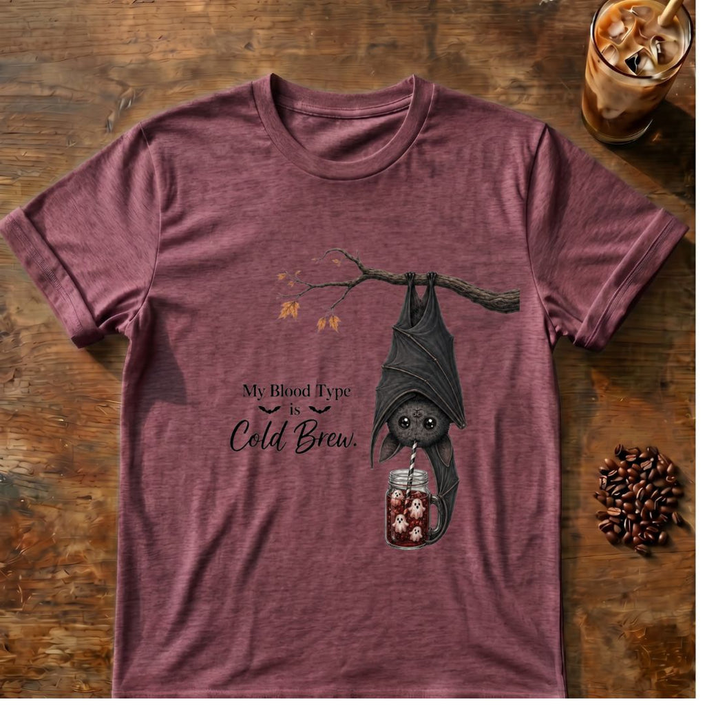Bat coffee graphic for My Blood Type Is Cold Brew Bat on heather-maroon T-shirt