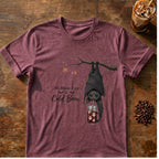 Bat coffee graphic for My Blood Type Is Cold Brew Bat on heather-maroon T-shirt