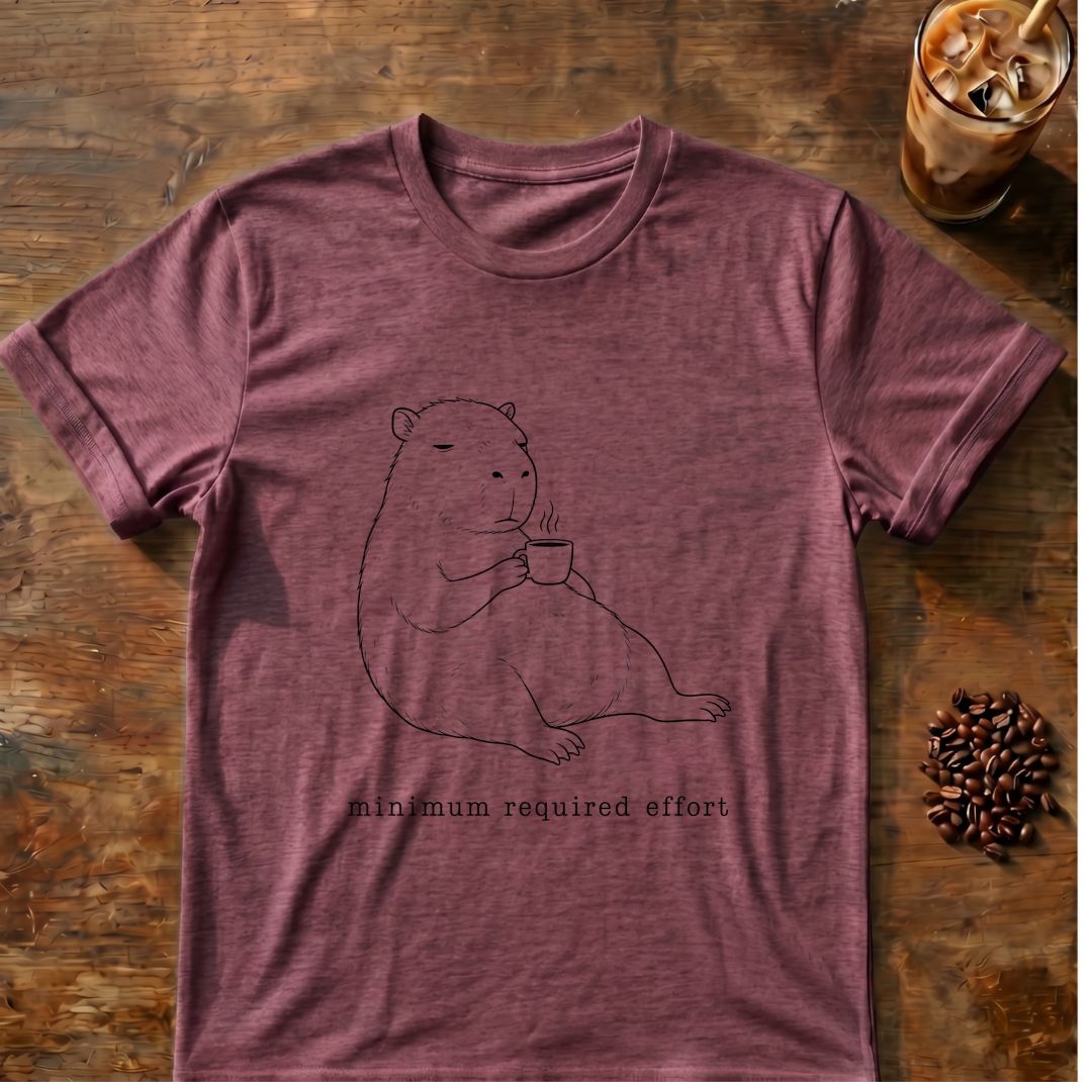 Capybara coffee graphic for Minimum Required Effort Capybara on heather-maroon T-shirt