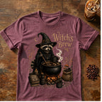 Raccoon coffee graphic for Witch's Brew Raccoon Coffee on heather-maroon T-shirt