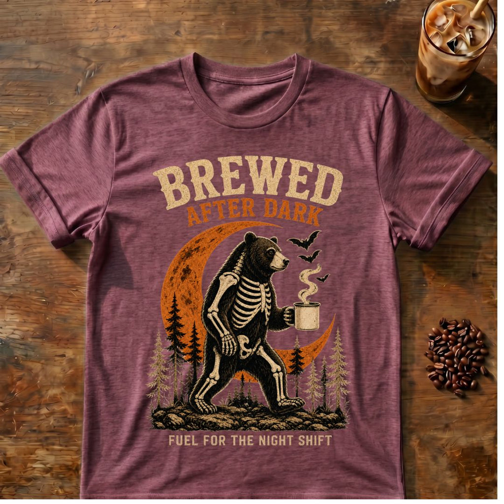 Bear coffee graphic for Brewed After Dark Bear Halloween on heather-maroon T-shirt