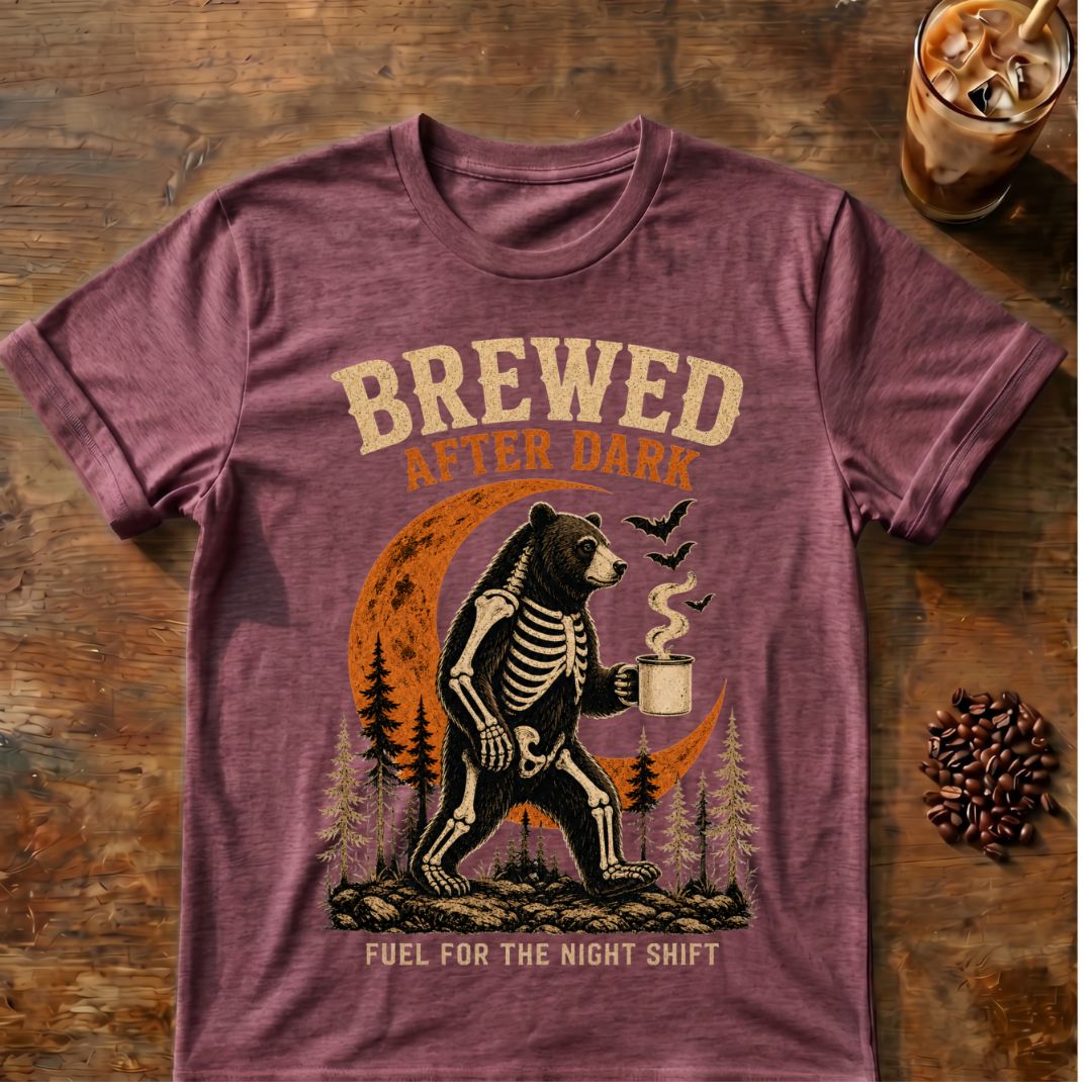 Bear coffee graphic for Brewed After Dark Bear Halloween on heather-maroon T-shirt