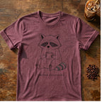 Raccoon coffee graphic for Minimal Raccoon Coffee on heather-maroon T-shirt