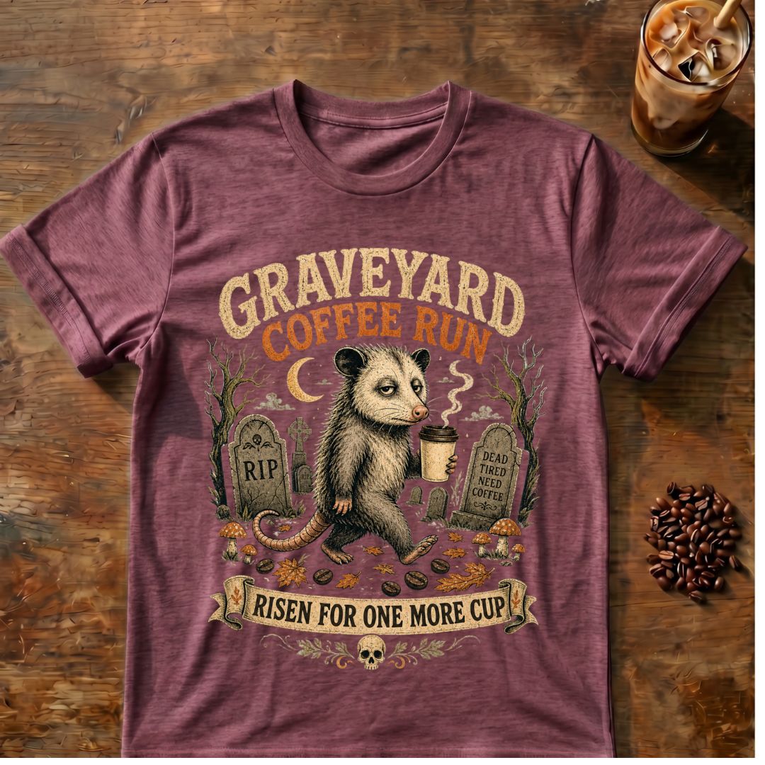 Opossum coffee graphic for Graveyard Coffee Run Opossum on heather-maroon T-shirt