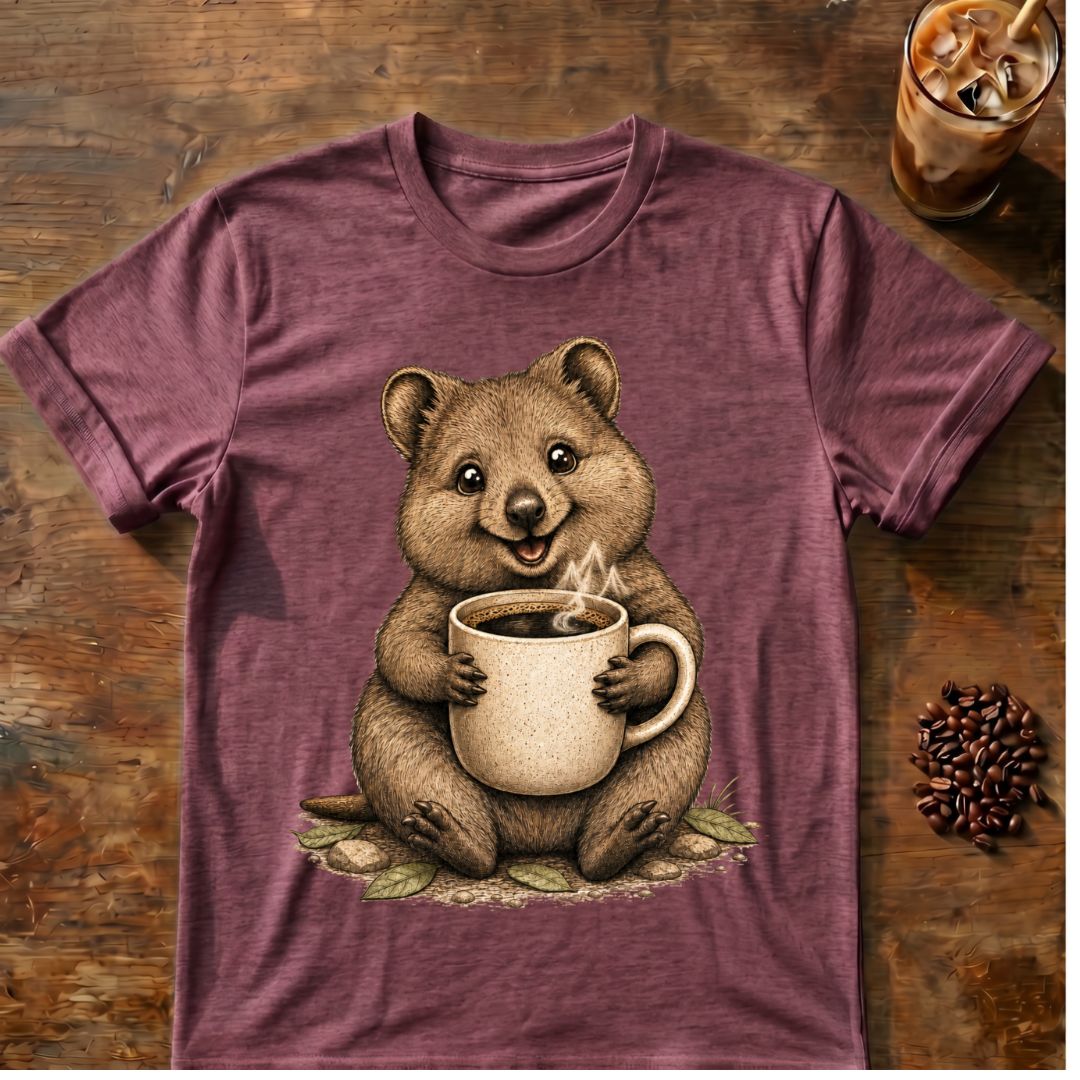 Quokka coffee graphic on a Heather Maroon T-shirt