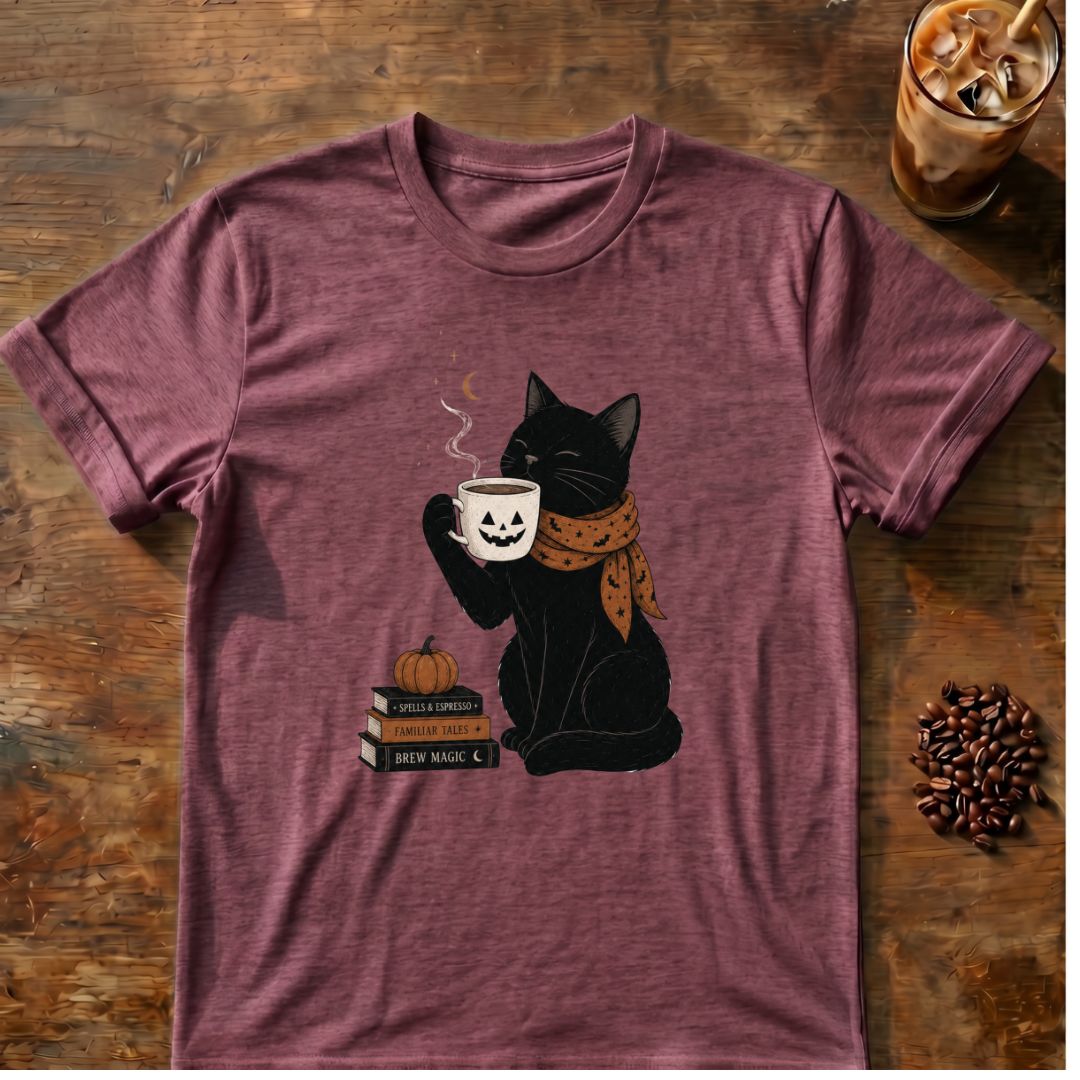 Cat coffee graphic for Halloween Black Cat Coffee on heather-maroon T-shirt