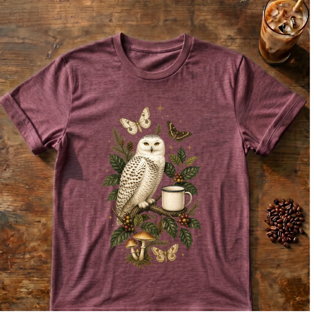 Butterfly coffee graphic for Snowy Owl Coffee Botanical on heather-maroon T-shirt