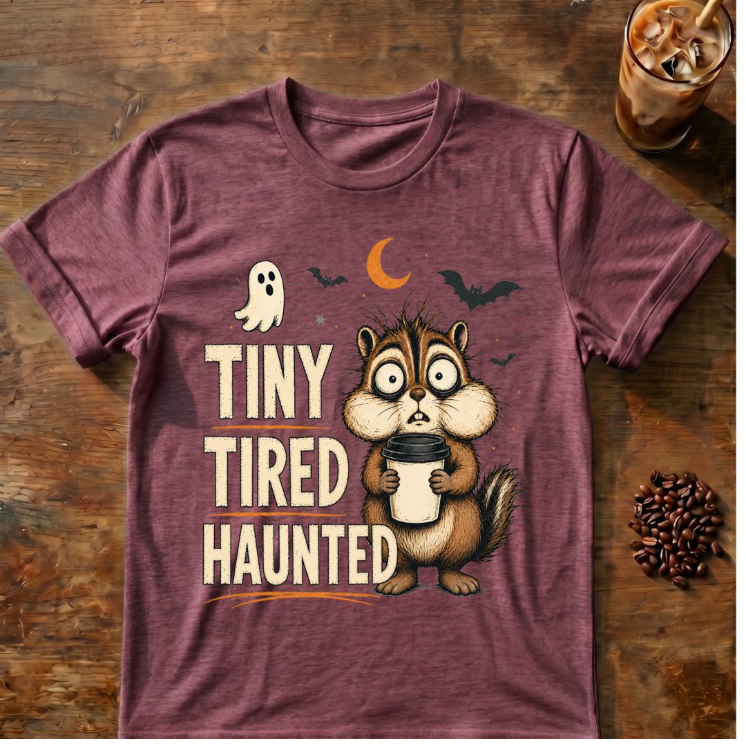 Chipmunk coffee graphic for Tiny Tired Haunted Chipmunk on heather-maroon T-shirt