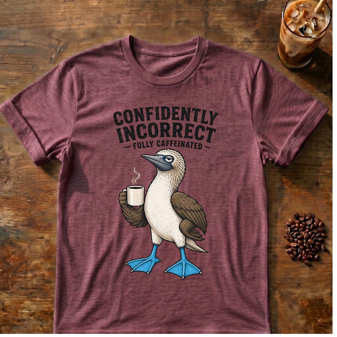 Blue-footed booby “Confidently Incorrect” graphic on a Heather Maroon T-shirt