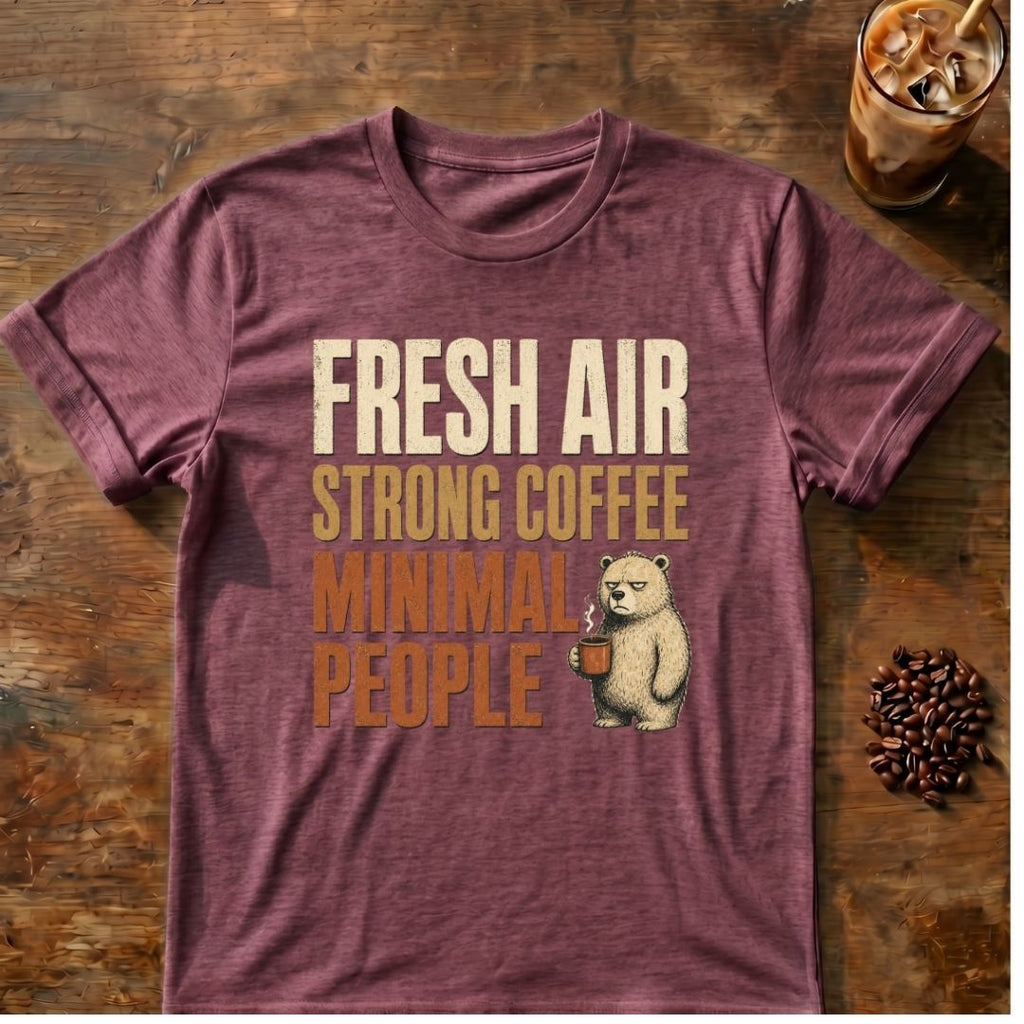 Bear coffee graphic for Fresh Air on heather-maroon T-shirt