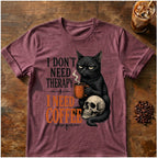 Cat coffee graphic for I Don't Need Therapy Cat on heather-maroon T-shirt