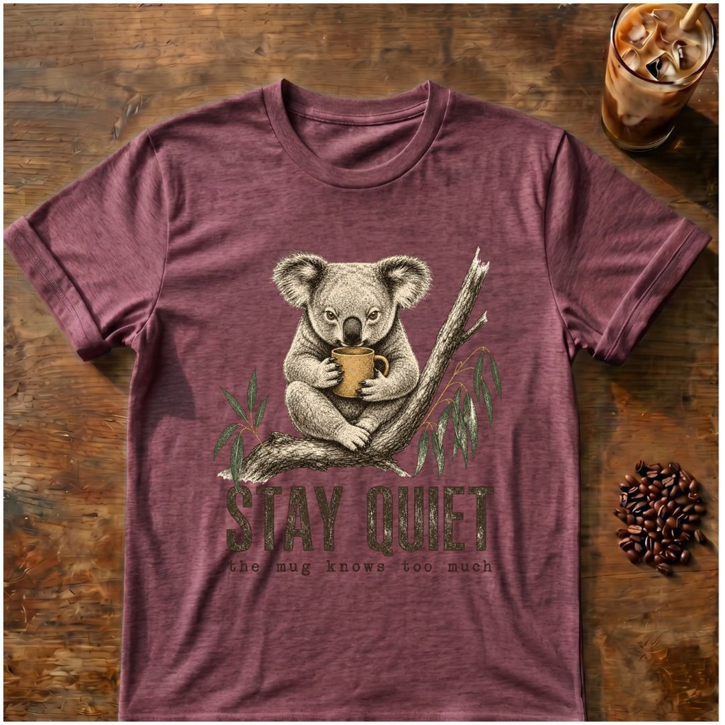 Koala coffee graphic for Stay Quiet Koala on heather-maroon T-shirt