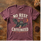 Bat coffee graphic for No Rest Bat on heather-maroon T-shirt