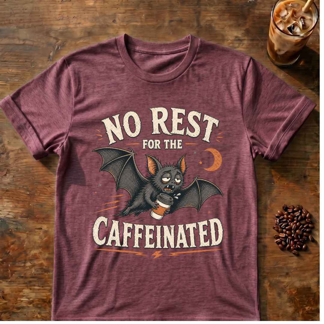 Bat coffee graphic for No Rest Bat on heather-maroon T-shirt