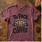 Pack Runs on Coffee graphic on a Heather Maroon T-shirt