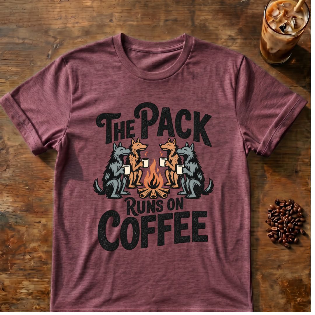 Pack Runs on Coffee graphic on a Heather Maroon T-shirt