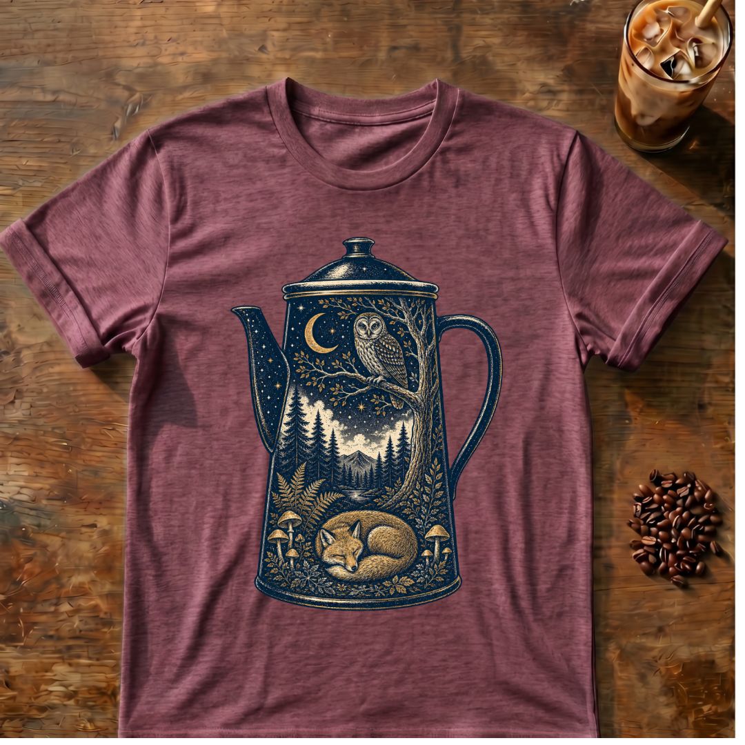 Owl coffee graphic for Moonlit Woodland Coffee Pot on heather-maroon T-shirt