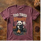 Bat coffee graphic for Too Tired to Be Spooky Panda on heather-maroon T-shirt