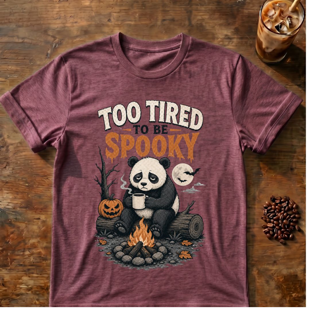 Bat coffee graphic for Too Tired to Be Spooky Panda on heather-maroon T-shirt