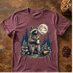 Raccoon coffee graphic for Moonlit Raccoon Coffee on heather-maroon T-shirt