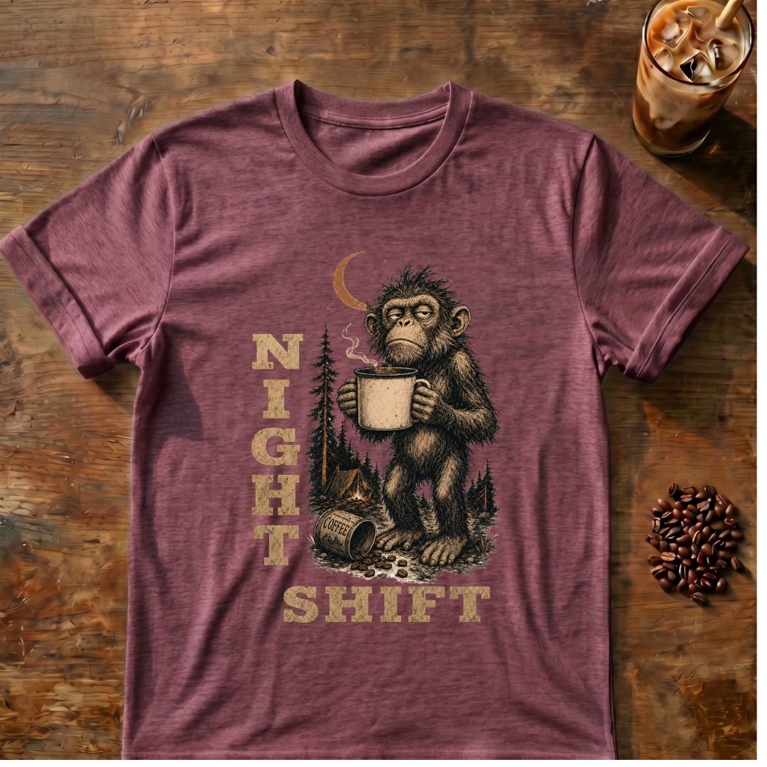 Monkey coffee graphic for Night Shift Monkey on heather-maroon T-shirt