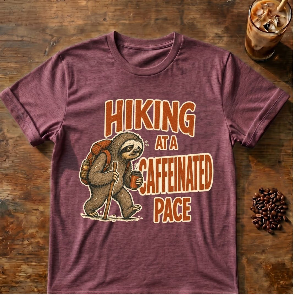 Sloth coffee graphic for Pace Sloth on heather-maroon T-shirt