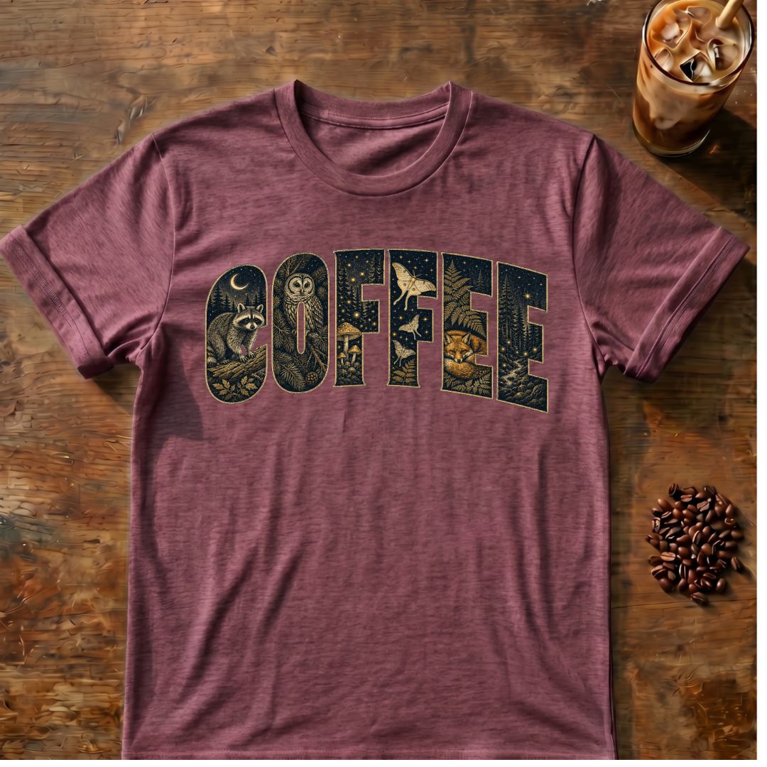 Raccoon coffee graphic for Woodland Coffee Typography on heather-maroon T-shirt