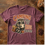 Raccoon coffee graphic for Camping Until on heather-maroon T-shirt